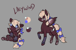 Size: 1200x800 | Tagged: safe, artist:lavvythejackalope, oc, oc only, oc:lacy wind, species:pegasus, species:pony, :o, baby, baby pony, bow, duo, eyes closed, open mouth, pegasus oc, reference sheet, simple background, sitting, tail bow, tattoo, text, underhoof, wings