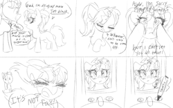 Size: 3840x2400 | Tagged: safe, alternate version, artist:littleblackraencloud, character:firelight, character:starlight glimmer, species:pony, species:unicorn, angst, cheek squish, comic, crying, dialogue, emo, goth, mirror, monochrome, pigtails, squishy cheeks, teenage glimmer, teenager, younger