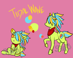 Size: 1000x800 | Tagged: safe, artist:lavvythejackalope, oc, oc only, oc:tidal wave, species:earth pony, species:pony, :o, baby, baby pony, bracelet, clothing, earth pony oc, eyes closed, jewelry, open mouth, raised hoof, reference sheet, scarf, simple background, sitting, text, underhoof