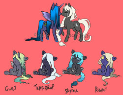Size: 1800x1400 | Tagged: safe, artist:lavvythejackalope, oc, oc only, oc:finglefangle, oc:guilt, oc:mourning, oc:skyfall, oc:teardrop, species:alicorn, species:earth pony, species:pony, species:unicorn, :o, alicorn oc, baby, baby pony, braid, colored hooves, crying, earth pony oc, eyes closed, horn, offspring, open mouth, raised hoof, reference sheet, simple background, sitting, text, underhoof, unicorn oc