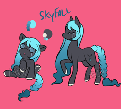 Size: 1000x900 | Tagged: safe, artist:lavvythejackalope, oc, oc only, oc:skyfall, species:pony, :o, baby, baby pony, braided tail, colored hooves, duo, eyes closed, open mouth, raised hoof, reference sheet, simple background, sitting, text, underhoof