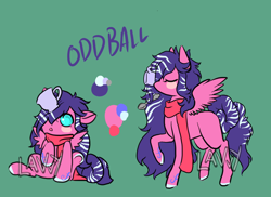 Size: 1100x800 | Tagged: safe, artist:lavvythejackalope, oc, oc only, oc:oddball, species:pegasus, species:pony, :o, baby, baby pony, blush sticker, blushing, clothing, colored hooves, cup, duo, eyes closed, open mouth, pegasus oc, raised hoof, reference sheet, scarf, simple background, sitting, teacup, text, underhoof, wings