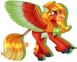 Size: 1920x1558 | Tagged: safe, artist:spokenmind93, species:hippogriff, species:kirin, claws, crossover, female, fluffy, ho-oh, hybrid, open mouth, pokémon, ponymon, simple background, solo, transparent background, wings