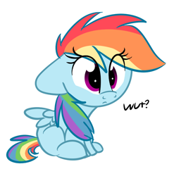 Size: 712x721 | Tagged: safe, artist:littleblackraencloud, character:rainbow dash, species:pegasus, species:pony, chibi, confused, cute, dashabetes, female, floppy ears, missing cutie mark, reaction image, simple background, sitting, solo, wat, white background