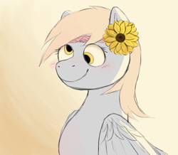 Size: 1089x951 | Tagged: safe, artist:anonymous, artist:happyartfag, artist:hippykat13, edit, editor:hippykat13, character:derpy hooves, species:pegasus, species:pony, /mlp/, 4chan, blushing, bust, color edit, colored, cute, drawthread, female, flower, flower in hair, gradient background, mare, smiling, solo