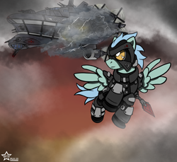 Size: 3000x2750 | Tagged: safe, artist:devorierdeos, oc, oc only, species:pegasus, species:pony, fallout equestria, armor, battle saddle, cloud, cloudship, cloudy, enclave armor, enclave raptor, energy weapon, fanfic, fanfic art, flying, grand pegasus enclave, gun, hooves, magical energy weapon, male, power armor, raptor battleship, spread wings, stallion, weapon, wings