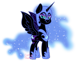 Size: 1224x1000 | Tagged: safe, artist:cottonsweets, character:nightmare moon, character:princess luna, species:alicorn, species:pony, adorabolical, chibi, cute, evil grin, fanart, female, grin, looking at you, moonabetes, simple background, smiling, smiling at you, solo, transparent background