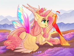Size: 1280x978 | Tagged: safe, artist:segraece, character:fluttershy, character:philomena, species:alicorn, species:phoenix, species:pony, alicornified, artificial wings, augmented, butterfly wings, color porn, colored wings, eyebrows, female, fire, floral head wreath, flower, fluttercorn, holding, horns, looking at something, magic, magic wings, mare, mother nature, outdoors, prone, race swap, raised hoof, ribbon, smiling, solo, spread wings, wings