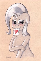 Size: 3250x4752 | Tagged: safe, artist:peruserofpieces, character:trixie, species:pony, species:unicorn, episode:hearts and hooves day, g4, my little pony: friendship is magic, blushing, crossed arms, female, floppy ears, fluffy, heart, holiday, looking at you, mare, mouth hold, pencil drawing, solo, toned paper, traditional art, valentine's day