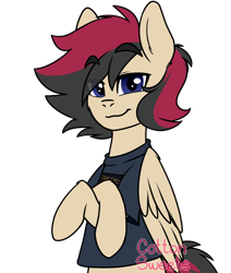 Size: 1100x1300 | Tagged: safe, artist:cottonsweets, oc, oc only, oc:porsche speedwings, species:pegasus, species:pony, bipedal, blue eyes, clothing, colored, crossed hooves, eyebrows, eyebrows visible through hair, fear inoculum, flat colors, half body, lidded eyes, looking at you, male, pegasus oc, shirt, signature, simple background, smiling, solo, stallion, t shirt design, t-shirt, tan coat, tool (band), transparent background, waist up, watermark