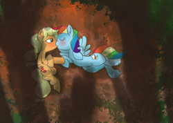 Size: 1113x793 | Tagged: safe, artist:davierocket, character:applejack, character:rainbow dash, species:earth pony, species:pegasus, species:pony, februpony, ship:appledash, episode:fall weather friends, g4, my little pony: friendship is magic, alternate scene interpretation, blushing, female, forest, heart, hoof hold, kissing, leaves, lesbian, mare, missing hat, on side, running of the leaves, shadow, shipping