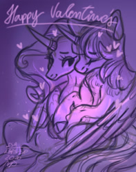 Size: 2048x2593 | Tagged: safe, artist:laps-sp, character:rarity, character:twilight sparkle, character:twilight sparkle (alicorn), species:alicorn, species:pony, ship:rarilight, female, heart, holding hooves, holiday, lesbian, mare, monochrome, purple background, shipping, simple background, sitting, valentine's day, valentine's day card