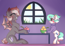Size: 3000x2139 | Tagged: safe, artist:arume_lux, artist:cottonsweets, oc, oc only, oc:cottonsweets, oc:efflorescence, species:bat pony, species:pony, species:unicorn, bat pony oc, collaboration, female, mare, simple background