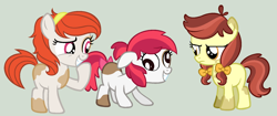 Size: 1624x684 | Tagged: safe, artist:strawberry-spritz, base used, oc, oc:api apple, oc:audine tone, oc:butterscotch blossom, parent:apple bloom, parent:pipsqueak, parents:pipbloom, species:earth pony, species:pony, blank flank, bow, derp, female, filly, frown, gray background, grin, hair bow, hairband, interdimensional siblings, laughing, offspring, piebald colouring, raised hoof, simple background, smiling, unamused