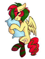 Size: 1000x1300 | Tagged: safe, artist:cottonsweets, oc, oc only, oc:attraction, species:pegasus, species:pony, clothing, femboy, hug, male, pillow, pillow hug, sleeping, socks, solo, striped socks