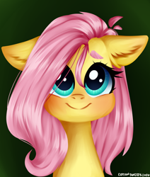 Size: 1416x1672 | Tagged: safe, artist:cottonsweets, character:fluttershy, species:pegasus, species:pony, baby face, blushing, bust, chubby cheeks, cute, ear fluff, female, floppy ears, fluffy, full face view, green background, looking at you, mare, painting, portrait, shyabetes, simple background, smiling, solo, stray strand, wide eyes