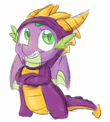 Size: 1940x2160 | Tagged: safe, artist:littleblackraencloud, character:spike, species:dragon, clothing, cosplay, costume, crossed arms, crossover, cute, dragon costume, kigurumi, male, simple background, smiling, solo, spikabetes, spike as spyro, spyro the dragon, white background, winged spike