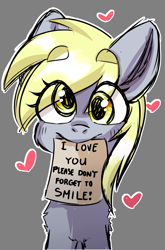 Size: 1000x1512 | Tagged: safe, artist:cottonsweets, character:derpy hooves, species:pegasus, species:pony, blushing, bronybait, chest fluff, cross-eyed, cute, dawwww, derp, derpabetes, ditzy doo, eye clipping through hair, featured on derpibooru, female, halfbody, heart, i love you, looking at you, mare, mouth hold, note, outline, positive ponies, simple background, smiling, smiling at you, solo