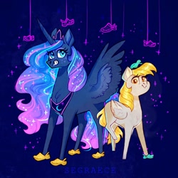 Size: 1280x1280 | Tagged: safe, artist:segraece, character:derpy hooves, character:princess luna, species:alicorn, species:pegasus, species:pony, clothing, crocs, horn, jewelry, regalia, shoes, smiling, sparkles, spread wings, wings
