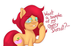 Size: 2613x1692 | Tagged: safe, artist:big brawler, oc, oc only, oc:vivian cereza, species:earth pony, species:pony, donut, female, food, glasses, innuendo, milf, mother, simple background, solo, transparent background