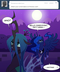 Size: 1160x1372 | Tagged: safe, artist:tarajenkins, character:princess luna, character:queen chrysalis, species:alicorn, species:changeling, species:pony, changeling queen, cupidite, duo, duo female, female, mare, moon, night
