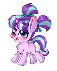 Size: 1210x1518 | Tagged: safe, artist:cottonsweets, character:starlight glimmer, species:pony, species:unicorn, blushing, cute, female, filly, filly starlight glimmer, glimmerbetes, hair tie, one eye closed, pigtails, simple background, solo, tongue out, transparent background, wink, younger