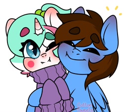 Size: 1320x1200 | Tagged: safe, artist:cottonsweets, oc, oc:cottonsweets, oc:pegasusgamer, species:pegasus, species:pony, species:unicorn, blushing, eyes closed, happy, hug, looking at you, one eye closed, wings, wink