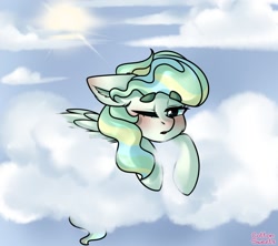 Size: 1350x1200 | Tagged: safe, artist:cottonsweets, character:vapor trail, species:pegasus, species:pony, g4, blushing, cheek fluff, cloud, cute, ear fluff, female, floppy ears, looking at you, mare, on a cloud, one eye closed, open mouth, prone, sky, solo, sun, vaporbetes