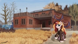 Size: 1187x673 | Tagged: safe, artist:sa1ntmax, oc, oc only, oc:scarlet serenade, species:pony, species:unicorn, fallout, fallout 76, female, house, mare, pickup truck, solo, wasteland
