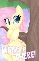 Size: 1280x1978 | Tagged: safe, artist:littleblackraencloud, character:fluttershy, species:pegasus, species:pony, cheek fluff, cute, ear fluff, female, hang in there, hanging, mare, shyabetes, solo, tree, tree branch
