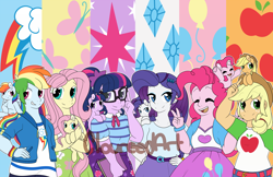 Size: 2550x1650 | Tagged: safe, artist:cloureed, character:applejack, character:fluttershy, character:pinkie pie, character:rainbow dash, character:rarity, character:twilight sparkle, character:twilight sparkle (scitwi), species:alicorn, species:earth pony, species:eqg human, species:pegasus, species:pony, species:unicorn, my little pony:equestria girls, human ponidox, humane five, humane six, mane six, ponidox, self ponidox