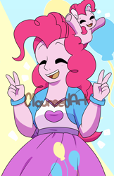 Size: 1650x2550 | Tagged: safe, artist:cloureed, character:pinkie pie, species:earth pony, species:pony, my little pony:equestria girls, double peace sign, eyes closed, human ponidox, open mouth, ponidox, pony on head, self ponidox, underhoof