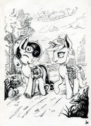 Size: 801x1100 | Tagged: safe, artist:lexx2dot0, character:bon bon, character:lyra heartstrings, character:sweetie drops, species:earth pony, species:pony, species:unicorn, monochrome, traditional art