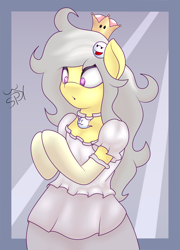 Size: 1836x2545 | Tagged: safe, artist:big brawler, oc, oc only, oc:spettra, oc:spokey, species:earth pony, species:pony, bipedal, booette, clothing, cosplay, costume, dress, female, ghost, ghost pony, jewelry, necklace, rule 63, semi-anthro, solo, super crown