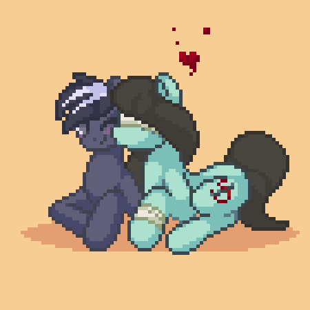 Size: 450x450 | Tagged: safe, artist:stockingshot56, oc, oc only, oc:amour, oc:spirit, species:earth pony, species:pony, animated, bandage, blindfold, heart, kiss on the cheek, kissing, loop, pixel art
