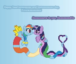 Size: 504x423 | Tagged: safe, artist:verve, character:rainbow dash, character:twilight sparkle, character:twilight sparkle (alicorn), species:alicorn, species:lamia, species:pegasus, species:pony, ship:twidash, episode:hearts and hooves day, g4, my little pony: friendship is magic, ain't never had friends like us, female, genie, geniefied, gradient background, heart, lamiafied, lesbian, looking at each other, original species, pixel art, shipping, smiling, species swap, twilamia