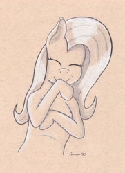 Size: 3243x4490 | Tagged: safe, artist:peruserofpieces, character:fluttershy, species:pegasus, species:pony, bust, crossed arms, female, mare, pencil drawing, smiling, toned paper, traditional art