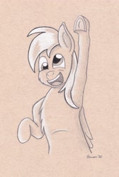 Size: 2843x4228 | Tagged: safe, artist:peruserofpieces, character:derpy hooves, species:pegasus, species:pony, bust, female, happy, mare, pencil drawing, solo, toned paper, traditional art, wings