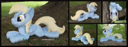 Size: 4710x1754 | Tagged: safe, artist:peruserofpieces, character:derpy hooves, species:pegasus, species:pony, beanie (plushie), cute, derpabetes, female, folded wings, happy, irl, mare, photo, plushie, prone, silly, smiling, solo, tree, upside down, wings