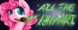 Size: 797x310 | Tagged: safe, artist:kyaokay, character:pinkie pie, species:earth pony, species:pony, bust, mouth hold, paintbrush, portrait