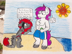 Size: 2576x1932 | Tagged: safe, artist:drheartdoodles, oc, oc:dr.heart, oc:mellow, species:anthro, beach, bikini, chest fluff, clothing, clydesdale, drake, partial nudity, red and black oc, shorts, swimsuit, topless, traditional art