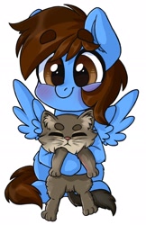 Size: 1228x1898 | Tagged: safe, artist:cottonsweets, oc, oc:pegasusgamer, species:pegasus, species:pony, animal, blushing, cat, fluffy, happy, holding, sitting, wings