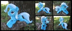 Size: 4102x1754 | Tagged: safe, artist:peruserofpieces, character:trixie, species:pony, species:unicorn, beanie (plushie), female, horn, irl, looking at you, mare, photo, plushie, prone, smug, solo, tree