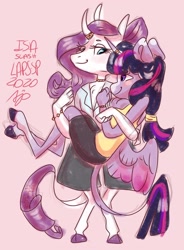 Size: 1920x2605 | Tagged: safe, artist:laps-sp, character:rarity, character:twilight sparkle, character:twilight sparkle (alicorn), species:alicorn, species:anthro, species:pony, species:unguligrade anthro, ship:rarilight, bracelet, bridal carry, carrying, clothing, female, horn, horn ring, jewelry, lesbian, necklace, pink background, shipping, shirt, signature, simple background, skirt