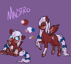 Size: 1000x900 | Tagged: safe, artist:lavvythejackalope, oc, oc only, oc:maestro, species:pegasus, species:pony, :o, baby, baby pony, bow, duo, eyes closed, leg warmers, open mouth, pegasus oc, raised hoof, reference sheet, simple background, sitting, tail bow, tattoo, text, underhoof, wide eyes, wings