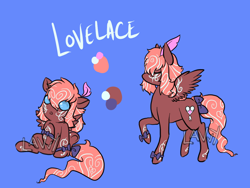 Size: 1200x900 | Tagged: safe, artist:lavvythejackalope, oc, oc only, oc:lovelace, species:pegasus, species:pony, :o, baby, baby pony, bow, duo, eyes closed, open mouth, pegasus oc, raised hoof, reference sheet, simple background, sitting, tail bow, tattoo, text, underhoof, wide eyes, wings