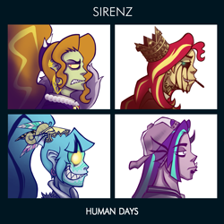 Size: 1425x1425 | Tagged: safe, artist:madness-with-reason, character:adagio dazzle, character:aria blaze, character:sonata dusk, character:sunset satan, character:sunset shimmer, g4, my little pony:equestria girls, album cover, album parody, demon, gorillaz, sunset satan, the dazzlings