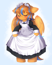 Size: 2338x2887 | Tagged: safe, artist:adostume, oc, oc:cold front, species:pegasus, species:pony, apron, blushing, clothing, commission, crossdressing, curtsey, cute, dress, eyes closed, maid, maid headdress, male, pegasus oc, semi-anthro, solo, standing, watermark, wings, ych result