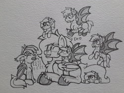 Size: 2576x1932 | Tagged: safe, artist:drheartdoodles, oc, oc only, oc:bramble, oc:coffee, oc:crumble, oc:dr.heart, oc:quantum melody, species:bat pony, blushing, clydesdale, eeee, group photo, kiss on the cheek, kissing, size difference, traditional art