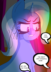 Size: 2480x3508 | Tagged: safe, artist:jimmy draws, character:trixie, species:pony, species:unicorn, crying, horn, lights, rage, sad, show, stage